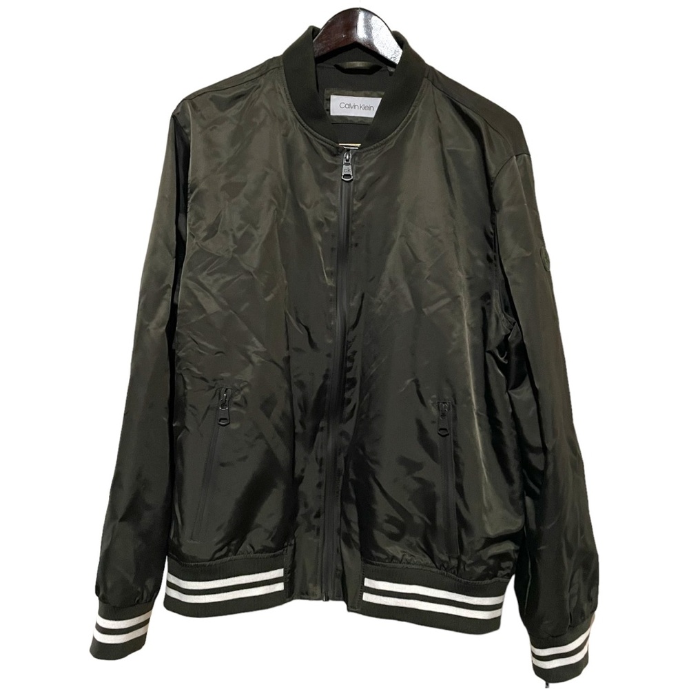 Calvin Klein NWT Men's Striped Full Zip Bomber jacket Black Sz Large Outerwear